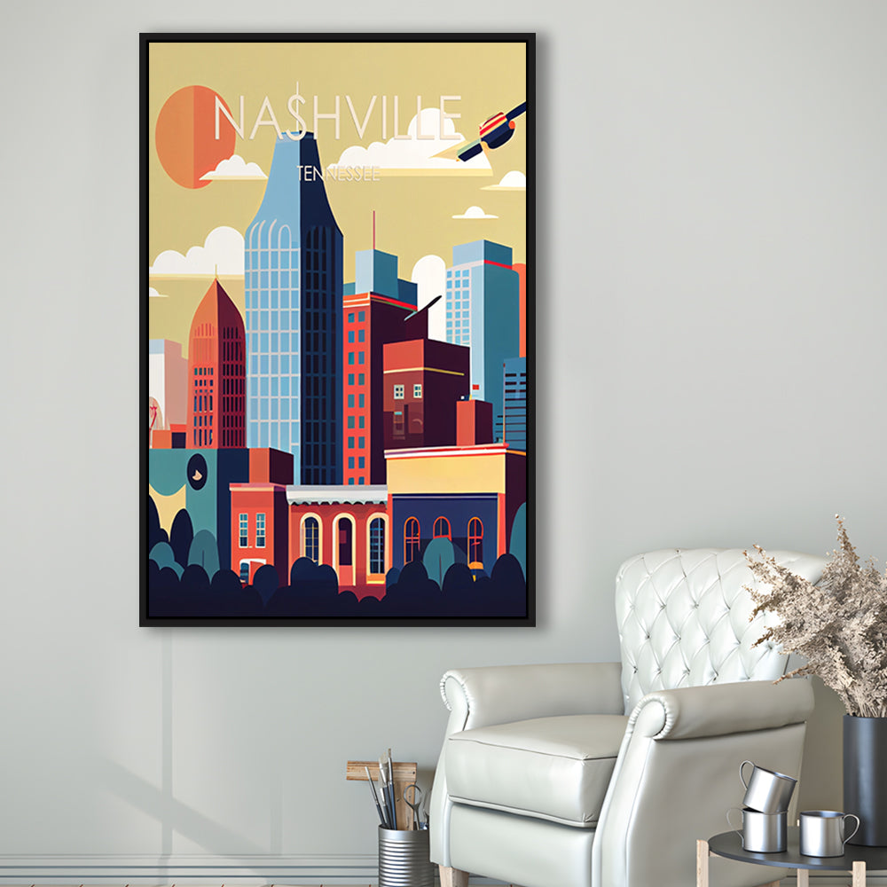 Nashville Retro Art Print, Nashville City Wall Art, Floating Framed Canvas Print, Framed Picture, Painting Canvas