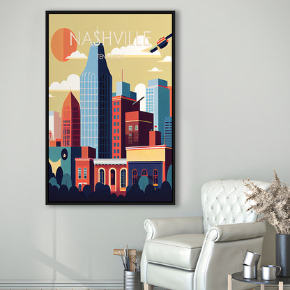Nashville Retro Art Print, Nashville City Wall Art, Floating Framed Canvas Print, Framed Picture, Painting Canvas