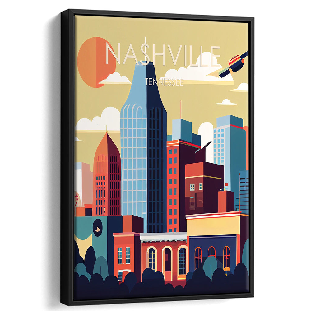 Nashville Retro Art Print, Nashville City Wall Art, Floating Framed Canvas Print, Framed Picture, Painting Canvas