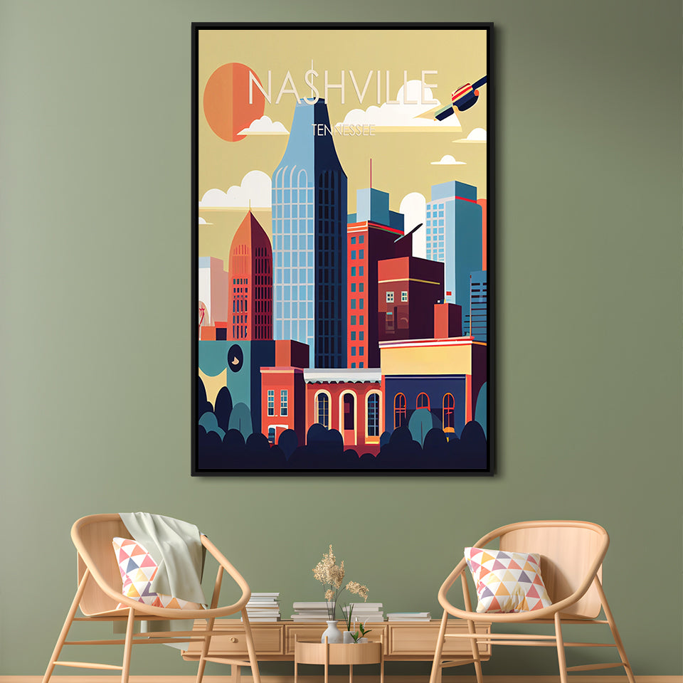 Nashville Retro Art Print, Nashville City Wall Art, Floating Framed Canvas Print, Framed Picture, Painting Canvas