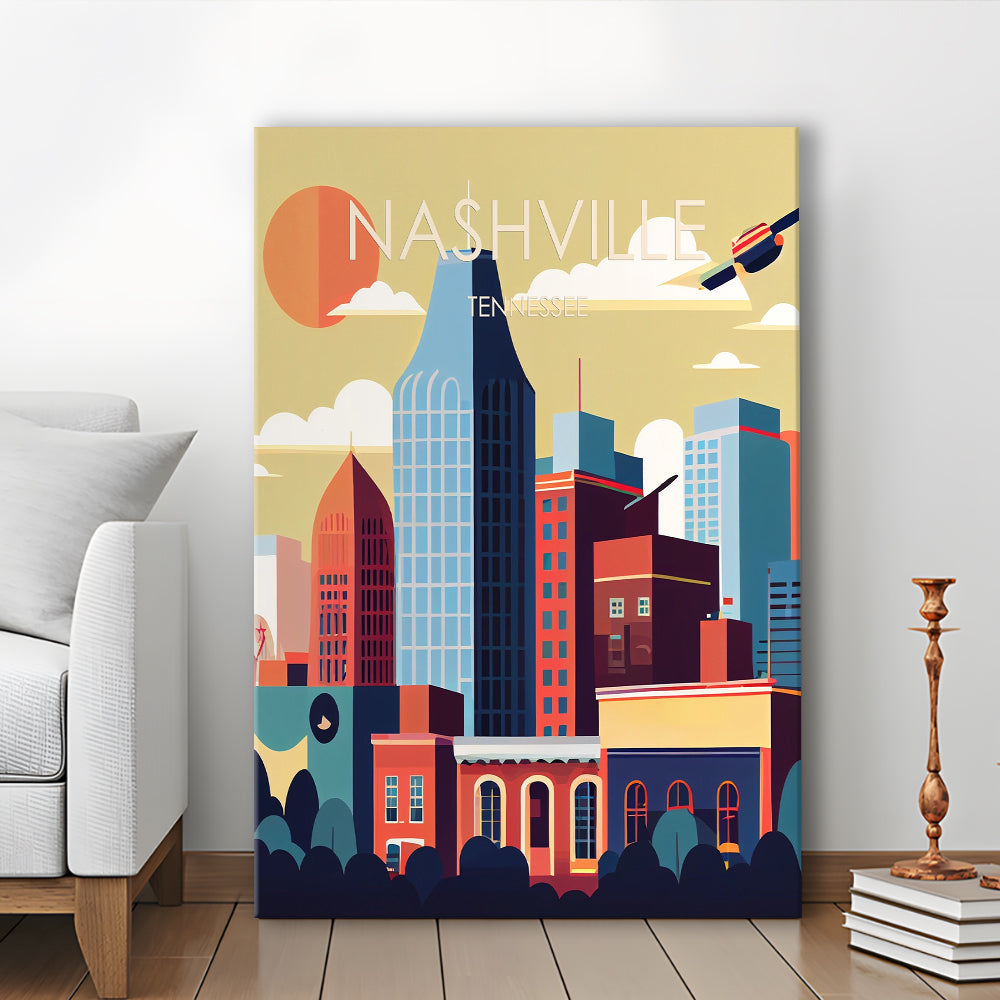 Nashville Retro Art Print, Nashville City Wall Art, Canvas Print, Painting Canvas, Living Room Decor