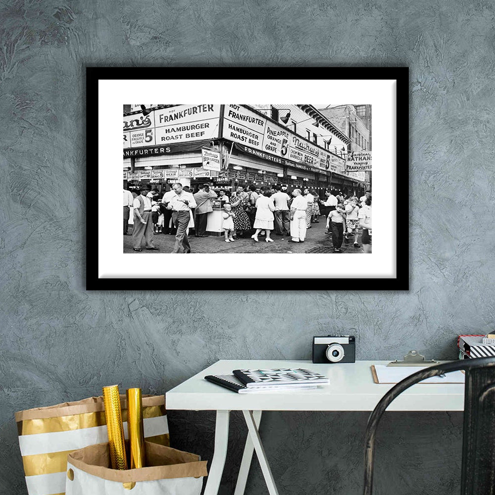 Nathan's Famous Hot Dogs Black and White Art Coney Island Brooklyn, Framed Art Print White Border Wall Decor