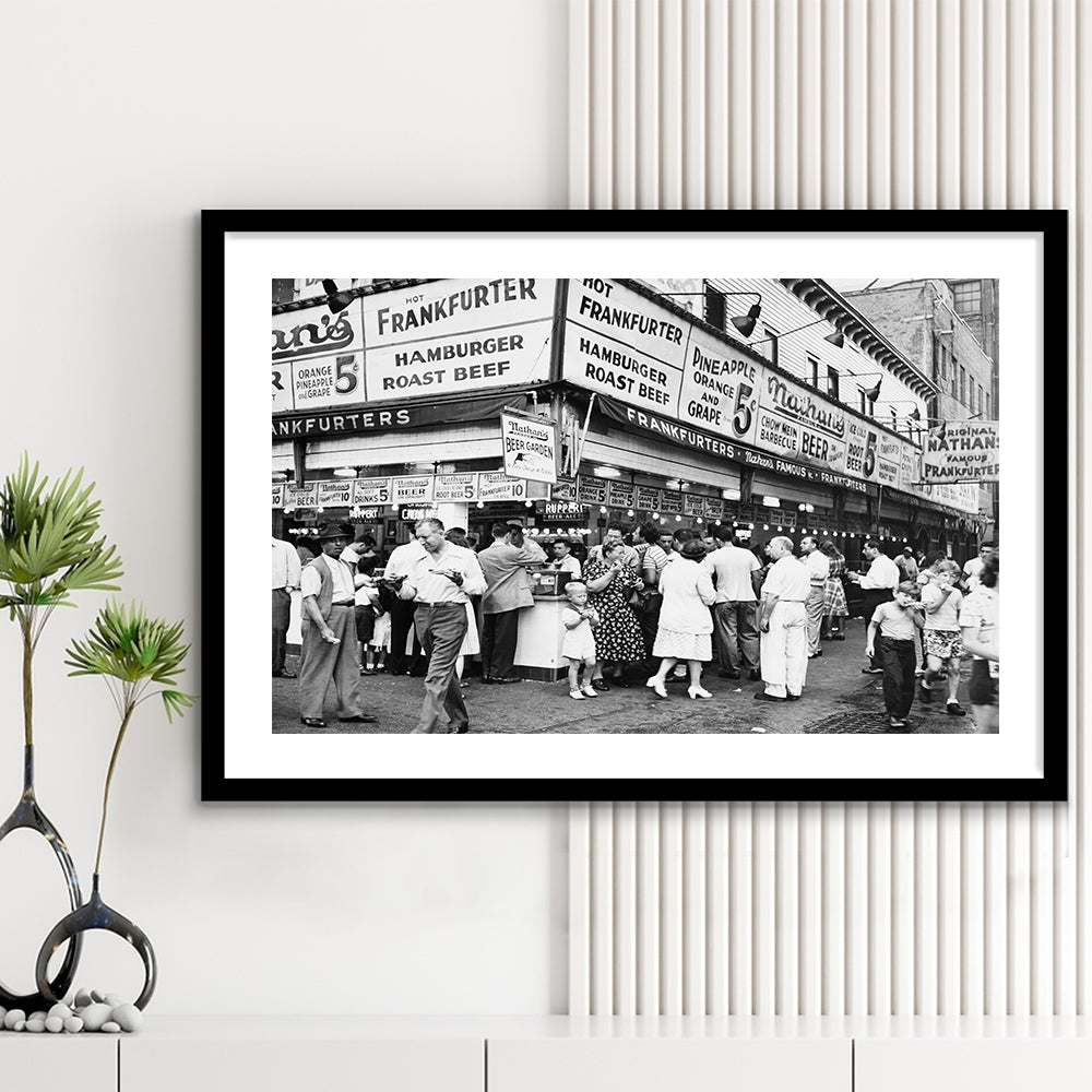 Nathan's Famous Hot Dogs Black and White Art Coney Island Brooklyn, Framed Art Print White Border Wall Decor