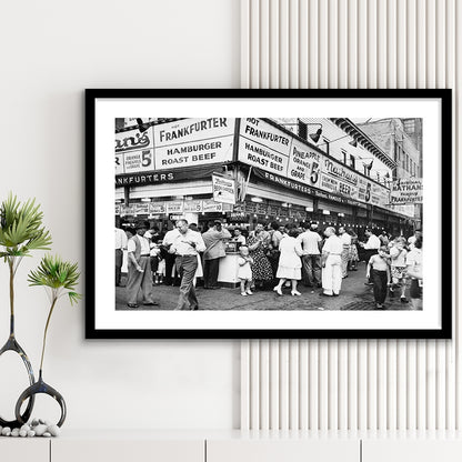 Nathan's Famous Hot Dogs Black and White Art Coney Island Brooklyn, Framed Art Print White Border Wall Decor