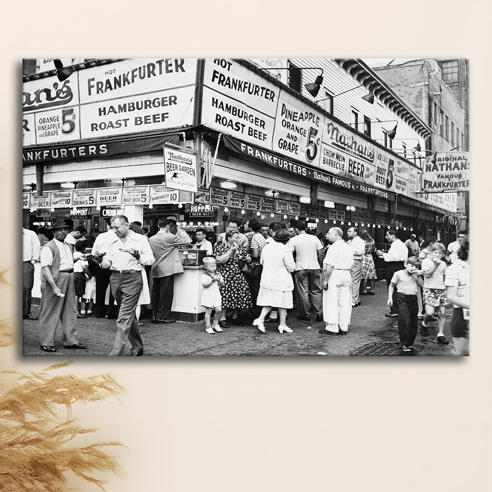 Nathan's Famous Hot Dogs Black and White Art Coney Island Brooklyn, Canvas Print Wall Art Decor