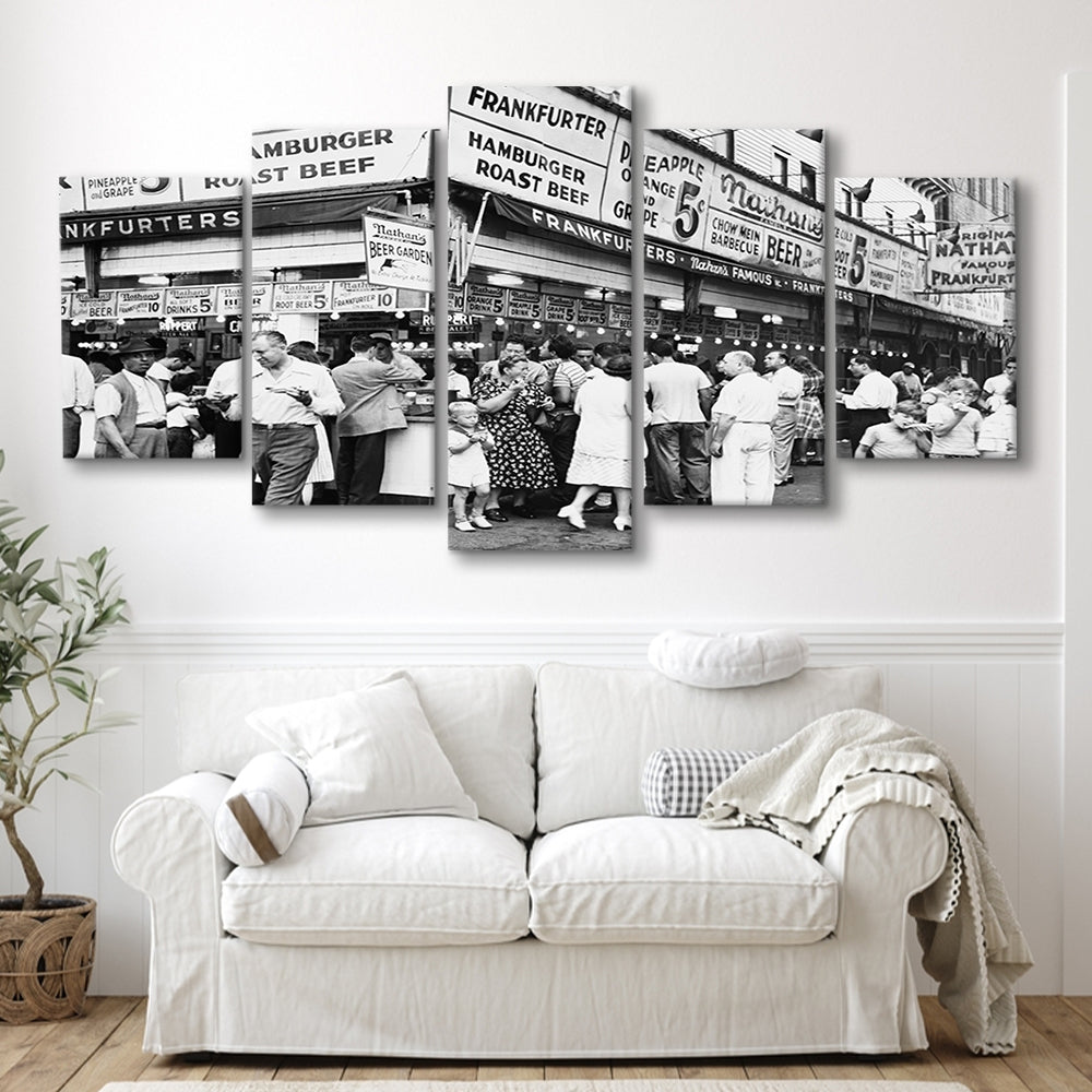 Nathan's Famous Hot Dogs Black and White Art Coney Island Brooklyn, Mixed 5 Pieces Canvas Print