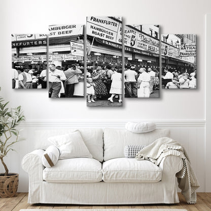 Nathan's Famous Hot Dogs Black and White Art Coney Island Brooklyn, Mixed 5 Pieces Canvas Print