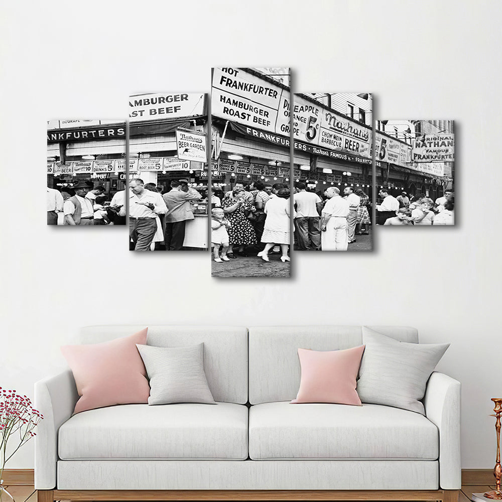 Nathan's Famous Hot Dogs Black and White Art Coney Island Brooklyn, Mixed 5 Pieces Canvas Print