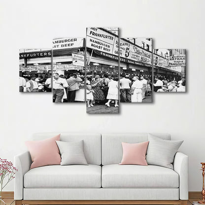 Nathan's Famous Hot Dogs Black and White Art Coney Island Brooklyn, Mixed 5 Pieces Canvas Print