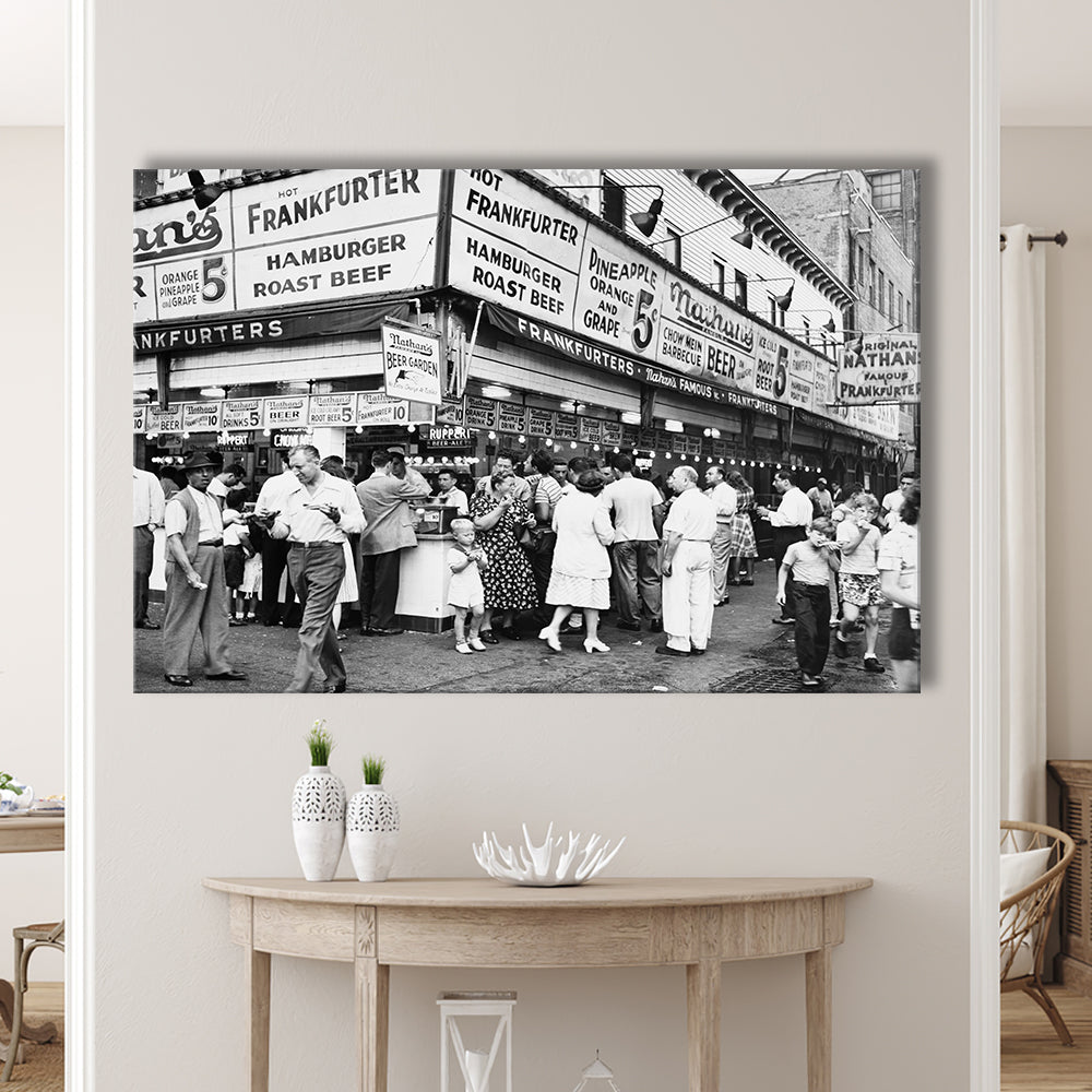 Nathan's Famous Hot Dogs Black and White Art Coney Island Brooklyn, Canvas Print Wall Art Decor