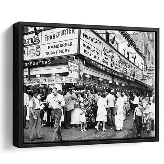 Nathan's Famous Hot Dogs Black and White Art Coney Island Brooklyn, Floating Framed Canvas Print