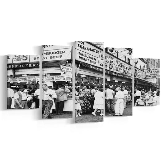 Nathan's Famous Hot Dogs Black and White Art Coney Island Brooklyn, Mixed 5 Pieces Canvas Print