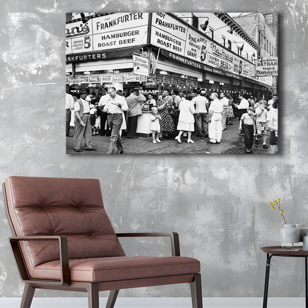 Nathan's Famous Hot Dogs Black and White Art Coney Island Brooklyn, Canvas Print Wall Art Decor