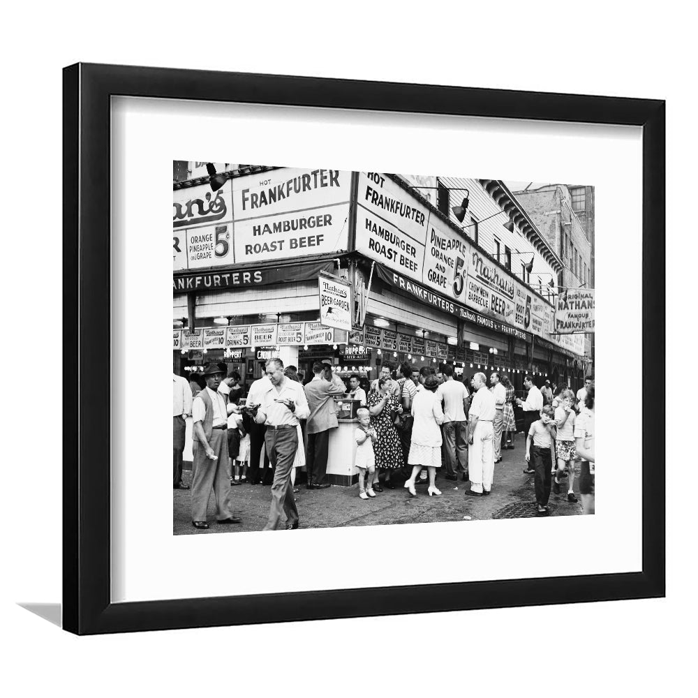 Nathan's Famous Hot Dogs Black and White Art Coney Island Brooklyn, Framed Art Print White Border Wall Decor