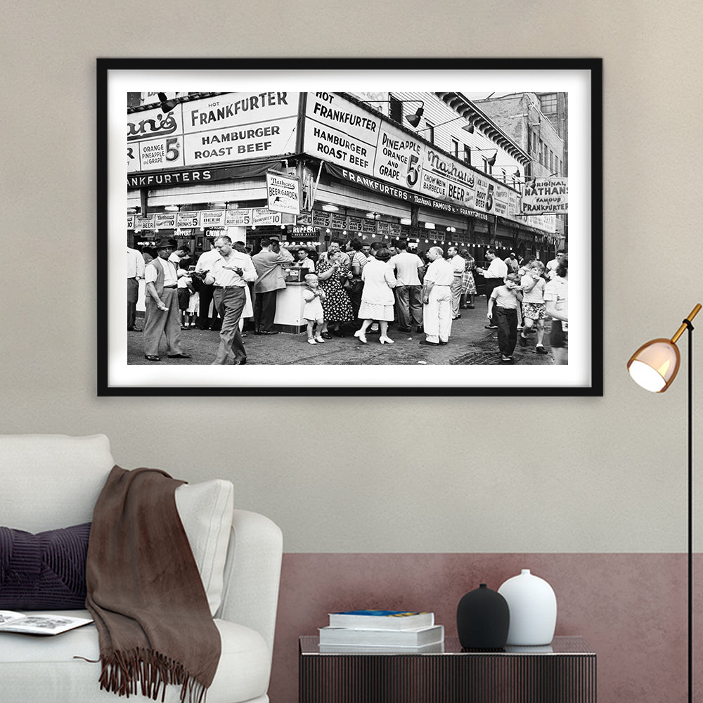 Nathan's Famous Hot Dogs Black and White Art Coney Island Brooklyn, Framed Art Print White Border Wall Decor