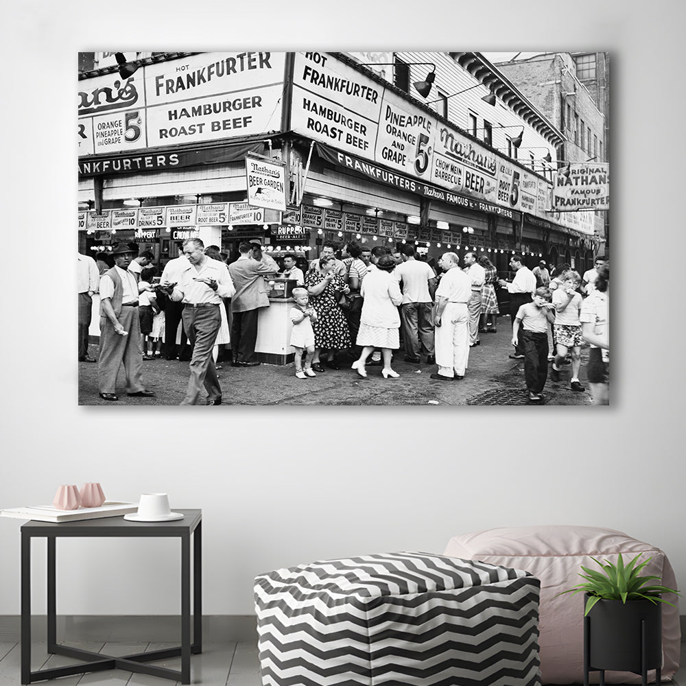 Nathan's Famous Hot Dogs Black and White Art Coney Island Brooklyn, Canvas Print Wall Art Decor