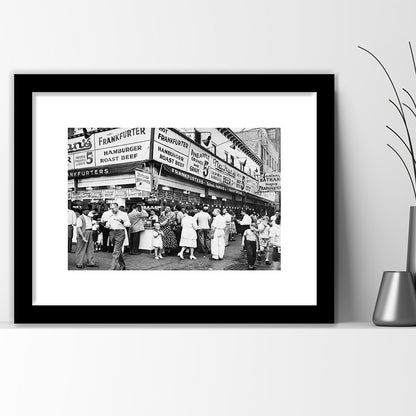 Nathan's Famous Hot Dogs Black and White Art Coney Island Brooklyn, Framed Art Print White Border Wall Decor