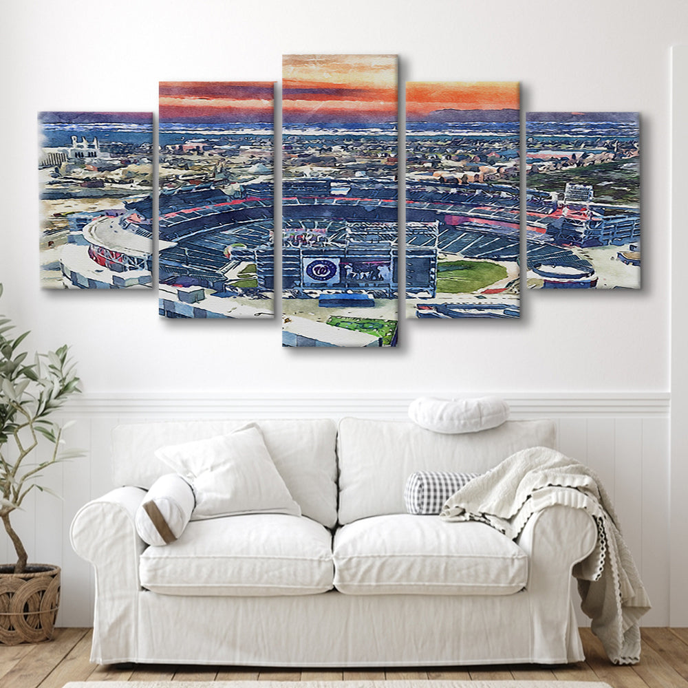 Nationals Park WaterColor, Washington, DC Baseball Watercolor, Sport Art, Mixed 5 Panel, Canvas Print Wall Art