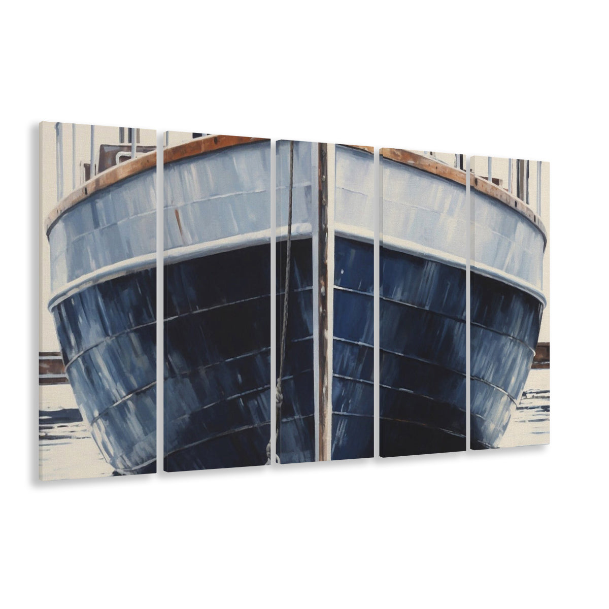 Nautical Navy Blue Rustic Boat Painting Large Lake House Wall Decor, 5 Panel B Canvas Print Wall Art, Extra Large Canvas