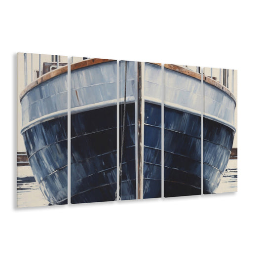 Nautical Navy Blue Rustic Boat Painting Large Lake House Wall Decor, 5 Panel B Canvas Print Wall Art, Extra Large Canvas