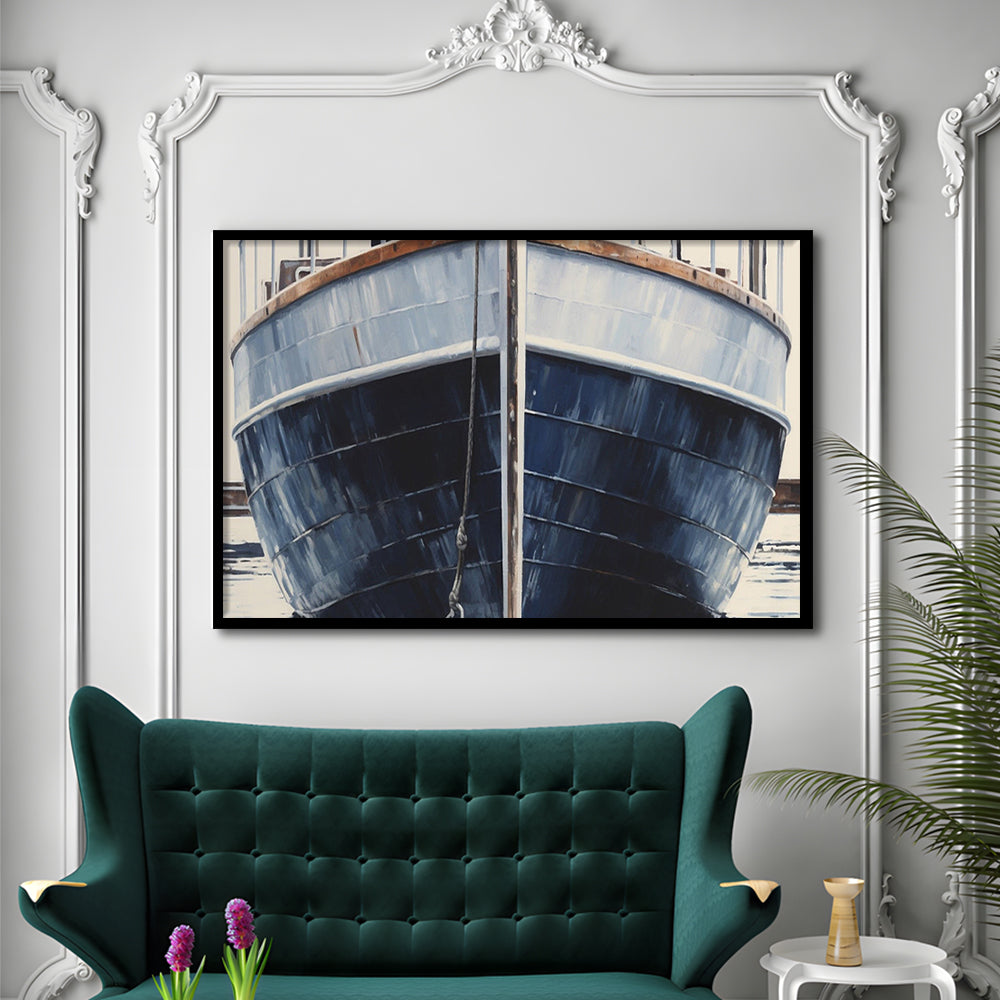 Nautical Navy Blue Rustic Boat Painting Large Lake House Wall Decor, Framed Art Print Wall Decor, Picture Framed