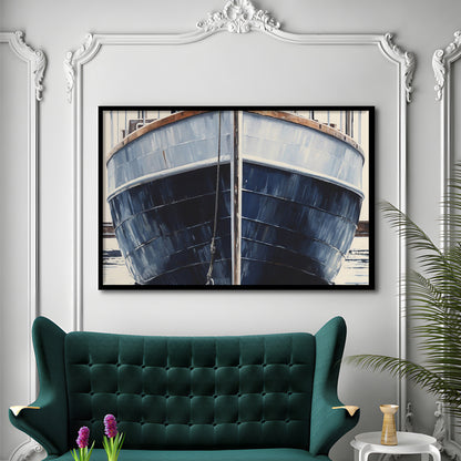 Nautical Navy Blue Rustic Boat Painting Large Lake House Wall Decor, Framed Art Print Wall Decor, Picture Framed