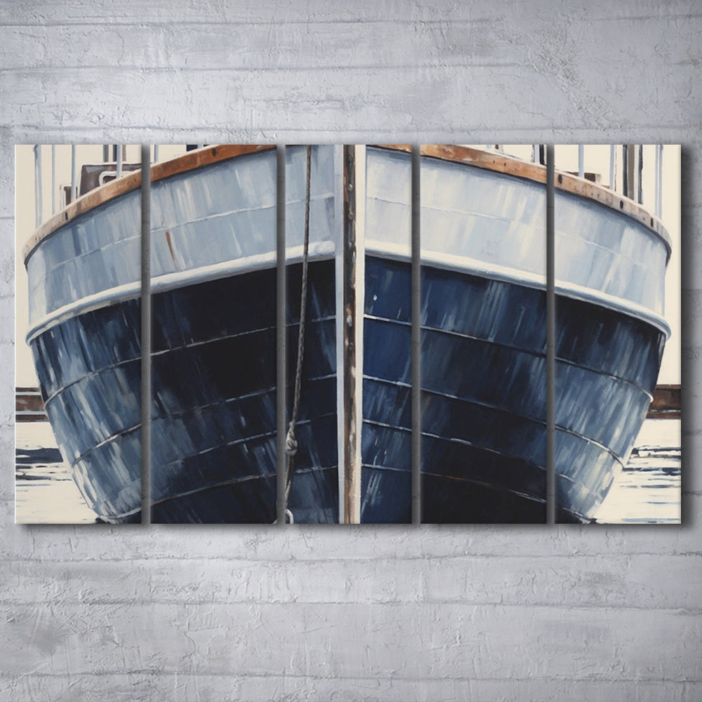 Nautical Navy Blue Rustic Boat Painting Large Lake House Wall Decor, 5 Panel B Canvas Print Wall Art, Extra Large Canvas