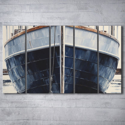 Nautical Navy Blue Rustic Boat Painting Large Lake House Wall Decor, 5 Panel B Canvas Print Wall Art, Extra Large Canvas