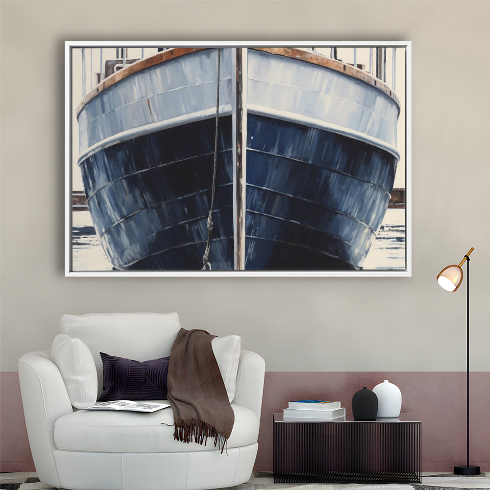 Nautical Navy Blue Rustic Boat Painting Large Lake House Wall Decor, Framed Canvas Print Wall Art, Floating Frame
