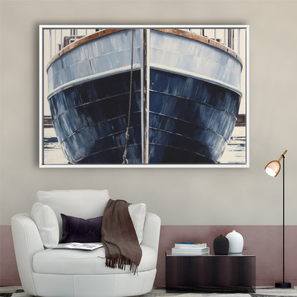 Nautical Navy Blue Rustic Boat Painting Large Lake House Wall Decor, Framed Canvas Print Wall Art, Floating Frame