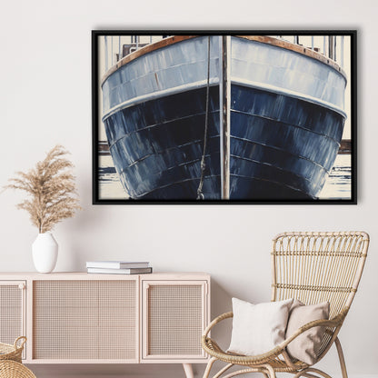 Nautical Navy Blue Rustic Boat Painting Large Lake House Wall Decor, Framed Canvas Print Wall Art, Floating Frame