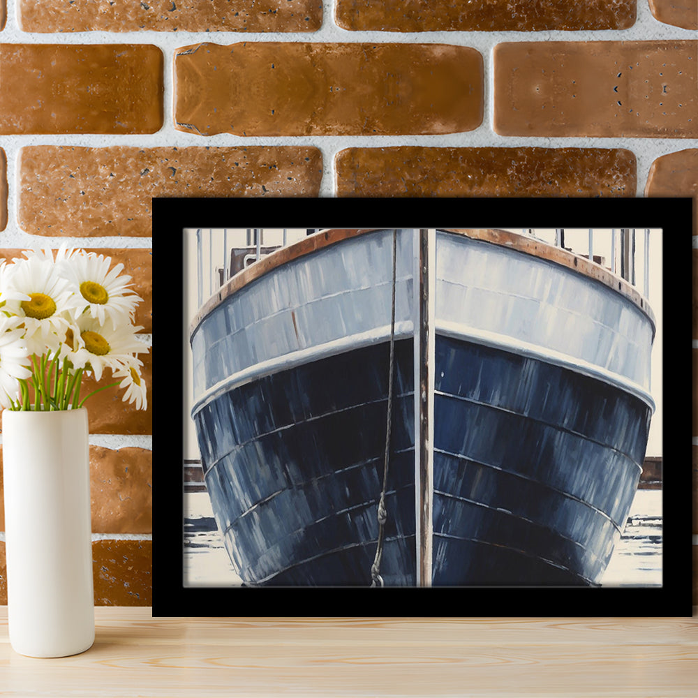 Nautical Navy Blue Rustic Boat Painting Large Lake House Wall Decor, Framed Art Print Wall Decor, Picture Framed