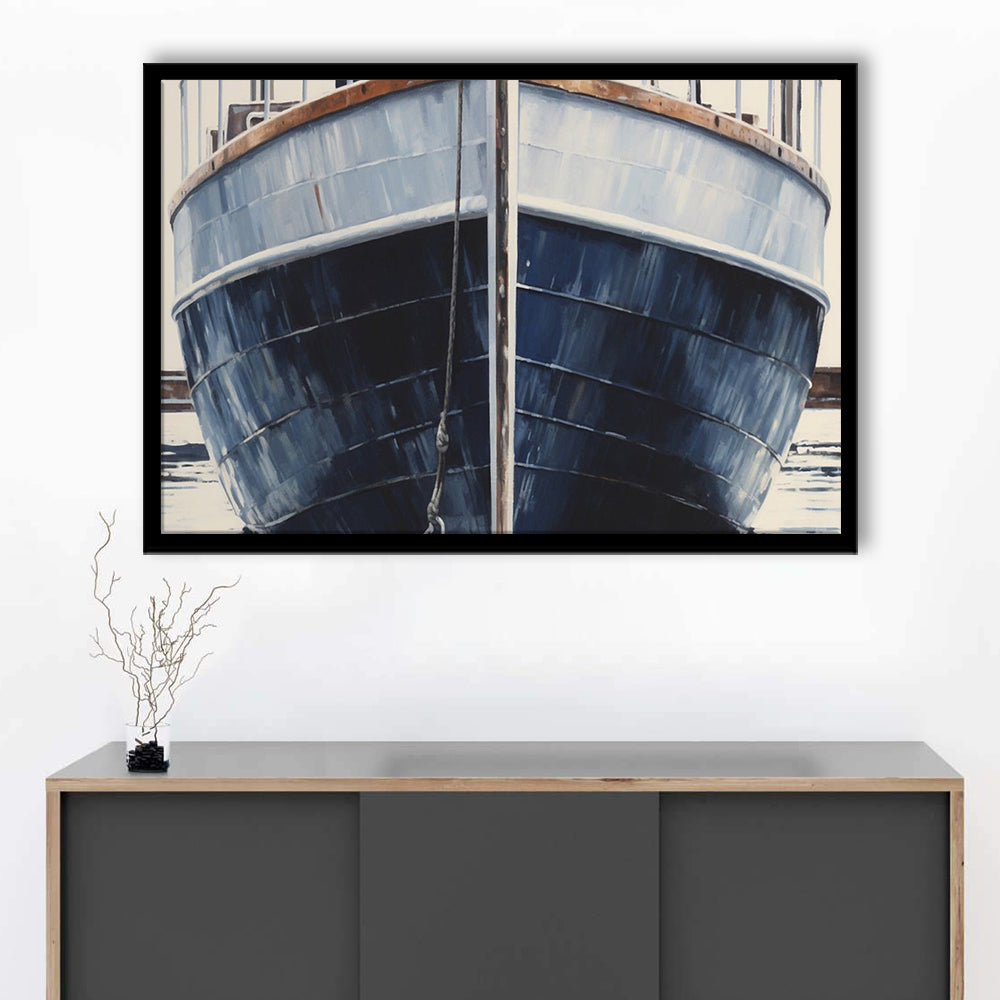 Nautical Navy Blue Rustic Boat Painting Large Lake House Wall Decor, Framed Art Print Wall Decor, Picture Framed