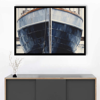 Nautical Navy Blue Rustic Boat Painting Large Lake House Wall Decor, Framed Art Print Wall Decor, Picture Framed