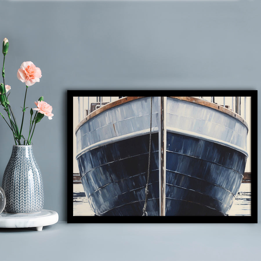 Nautical Navy Blue Rustic Boat Painting Large Lake House Wall Decor, Framed Art Print Wall Decor, Picture Framed