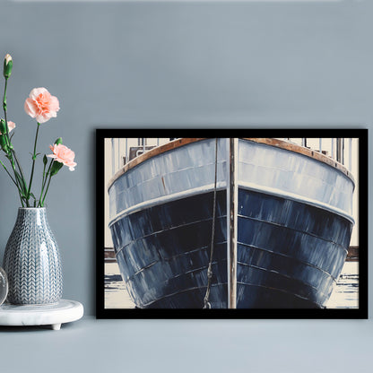 Nautical Navy Blue Rustic Boat Painting Large Lake House Wall Decor, Framed Art Print Wall Decor, Picture Framed
