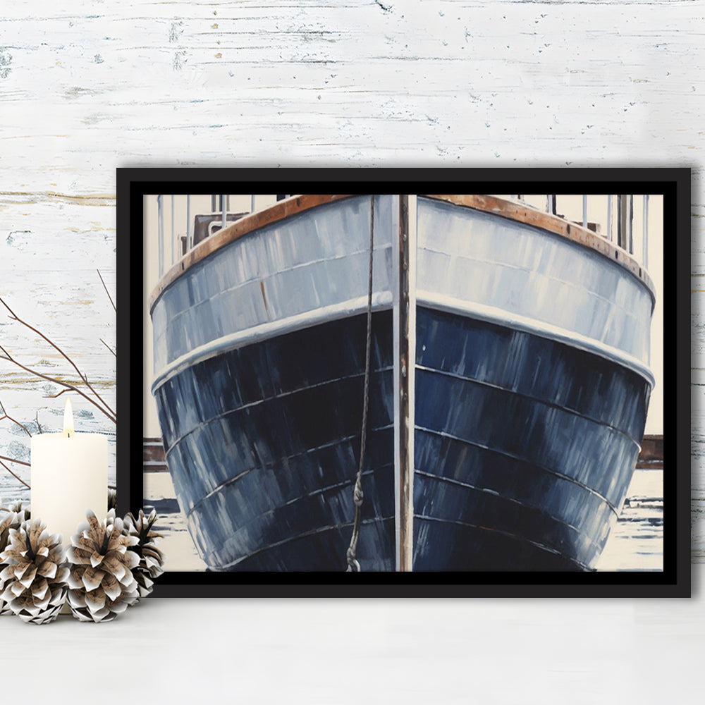 Nautical Navy Blue Rustic Boat Painting Large Lake House Wall Decor, Framed Canvas Print Wall Art, Floating Frame