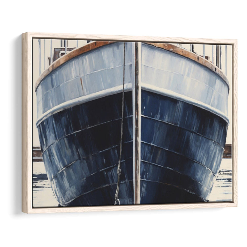 Nautical Navy Blue Rustic Boat Painting Large Lake House Wall Decor, Framed Canvas Print Wall Art, Floating Frame
