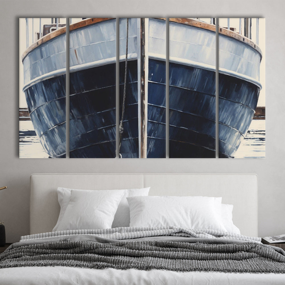 Nautical Navy Blue Rustic Boat Painting Large Lake House Wall Decor, 5 Panel B Canvas Print Wall Art, Extra Large Canvas