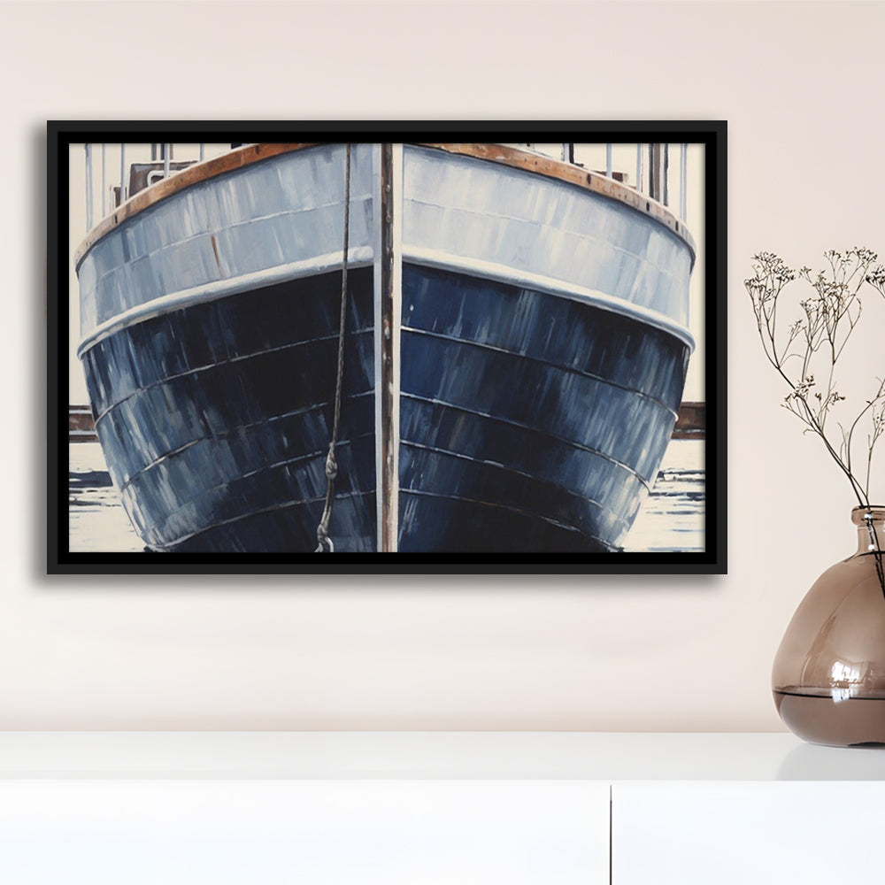 Nautical Navy Blue Rustic Boat Painting Large Lake House Wall Decor, Framed Canvas Print Wall Art, Floating Frame