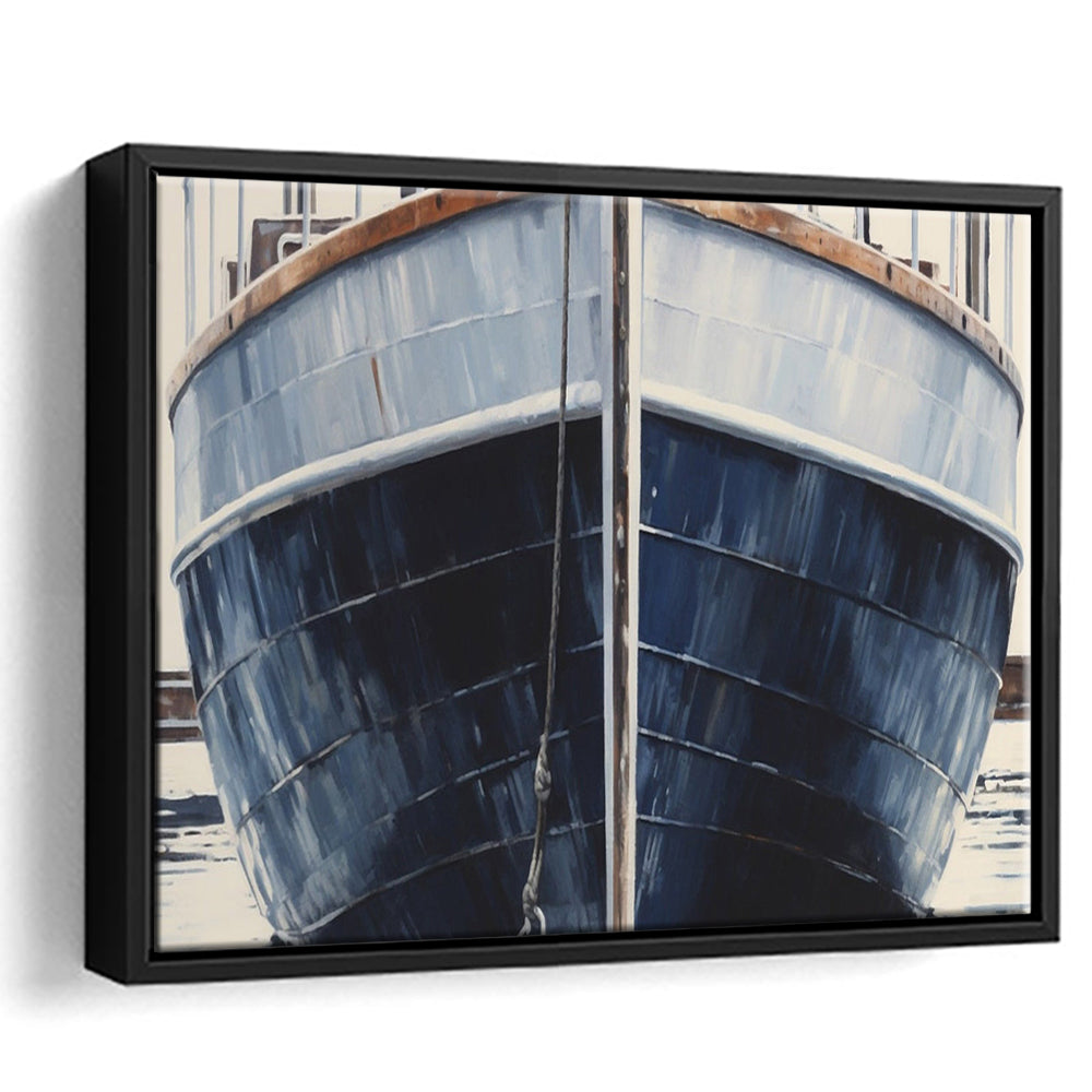 Nautical Navy Blue Rustic Boat Painting Large Lake House Wall Decor, Framed Canvas Print Wall Art, Floating Frame