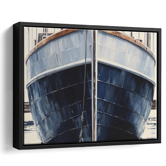 Nautical Navy Blue Rustic Boat Painting Large Lake House Wall Decor, Framed Canvas Print Wall Art, Floating Frame
