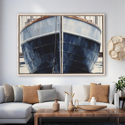 Nautical Navy Blue Rustic Boat Painting Large Lake House Wall Decor, Framed Canvas Print Wall Art, Floating Frame