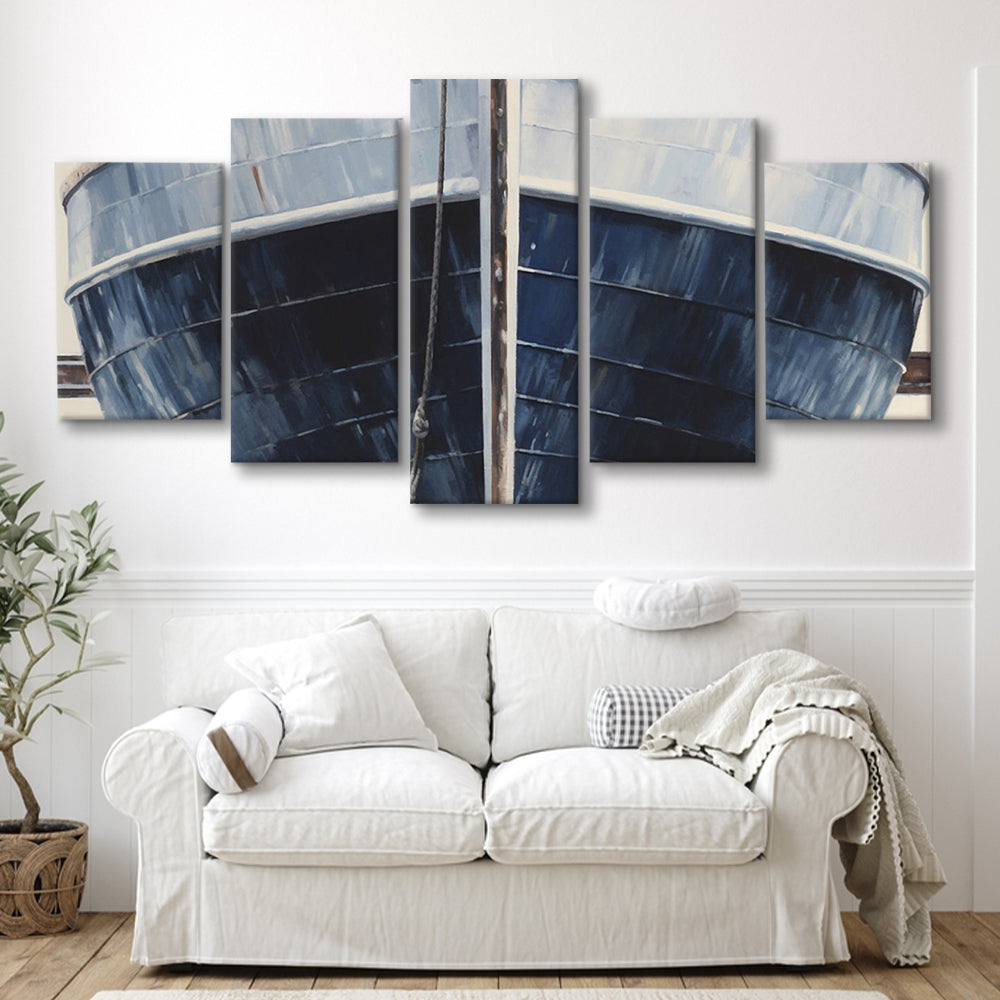 Nautical Navy Blue Rustic Boat Painting Large Lake House Wall Decor, 5 Panel Mixed Canvas Print Wall Art, Large Canvas
