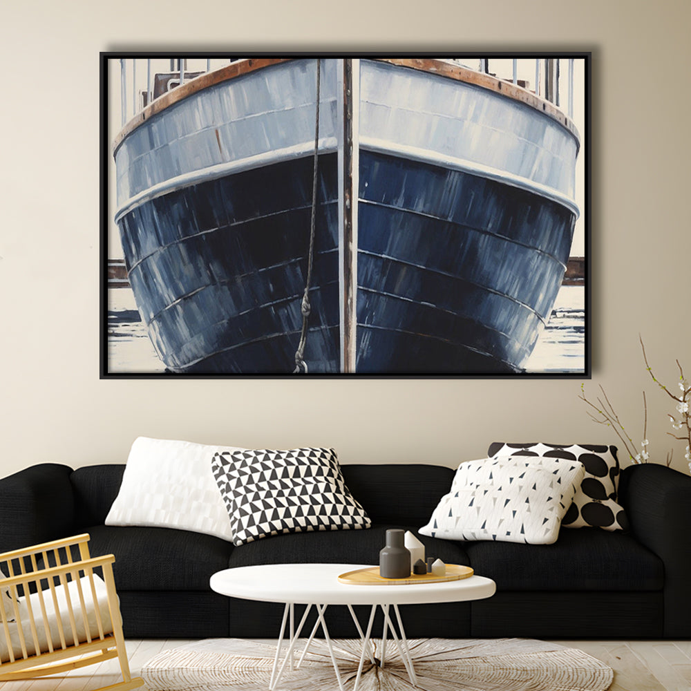 Nautical Navy Blue Rustic Boat Painting Large Lake House Wall Decor, Framed Canvas Print Wall Art, Floating Frame