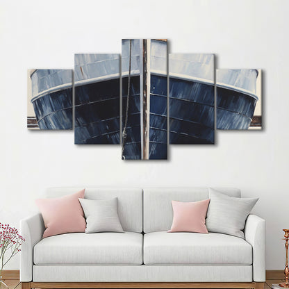 Nautical Navy Blue Rustic Boat Painting Large Lake House Wall Decor, 5 Panel Mixed Canvas Print Wall Art, Large Canvas