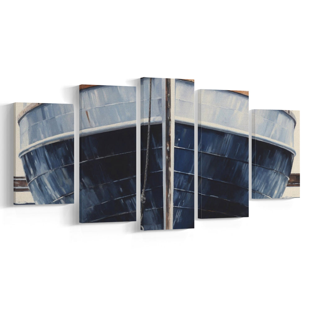 Nautical Navy Blue Rustic Boat Painting Large Lake House Wall Decor, 5 Panel Mixed Canvas Print Wall Art, Large Canvas