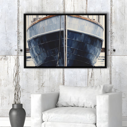 Nautical Navy Blue Rustic Boat Painting Large Lake House Wall Decor, Framed Canvas Print Wall Art, Floating Frame