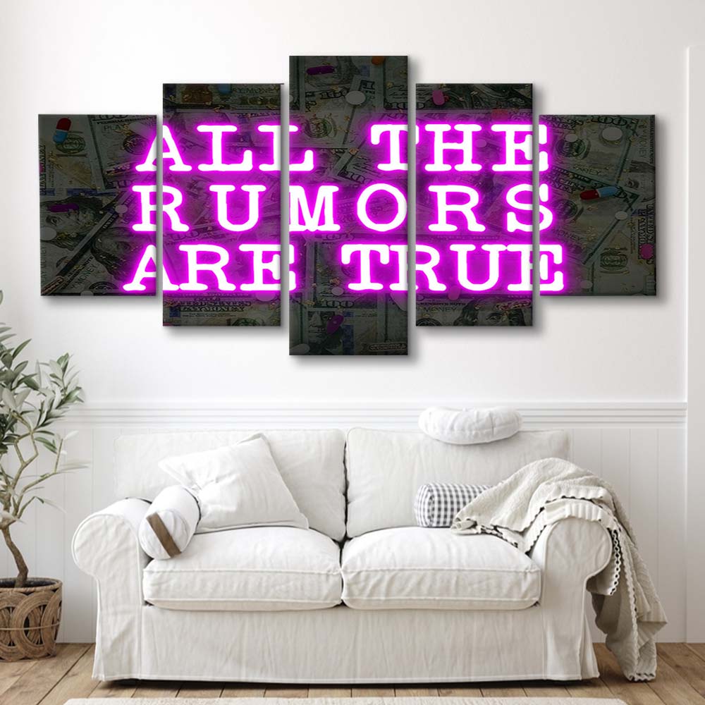 Neon Light Art  All The Rumors Are True Art Print, 5 Panel Mixed Canvas Print Wall Art, Home Decor, Neon Canvas