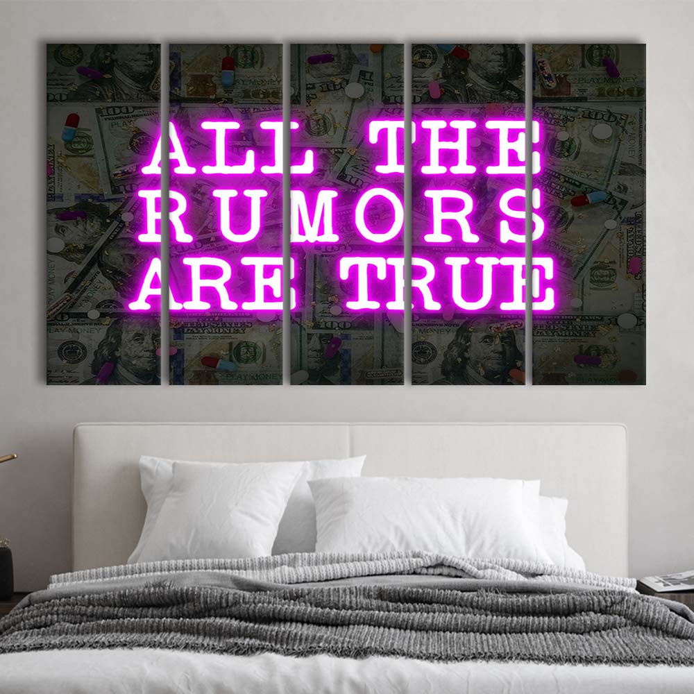Neon Light Art  All The Rumors Are True Art Print, Extra Large 5 Panels Multi Canvas Print Wall Art, Home Decor